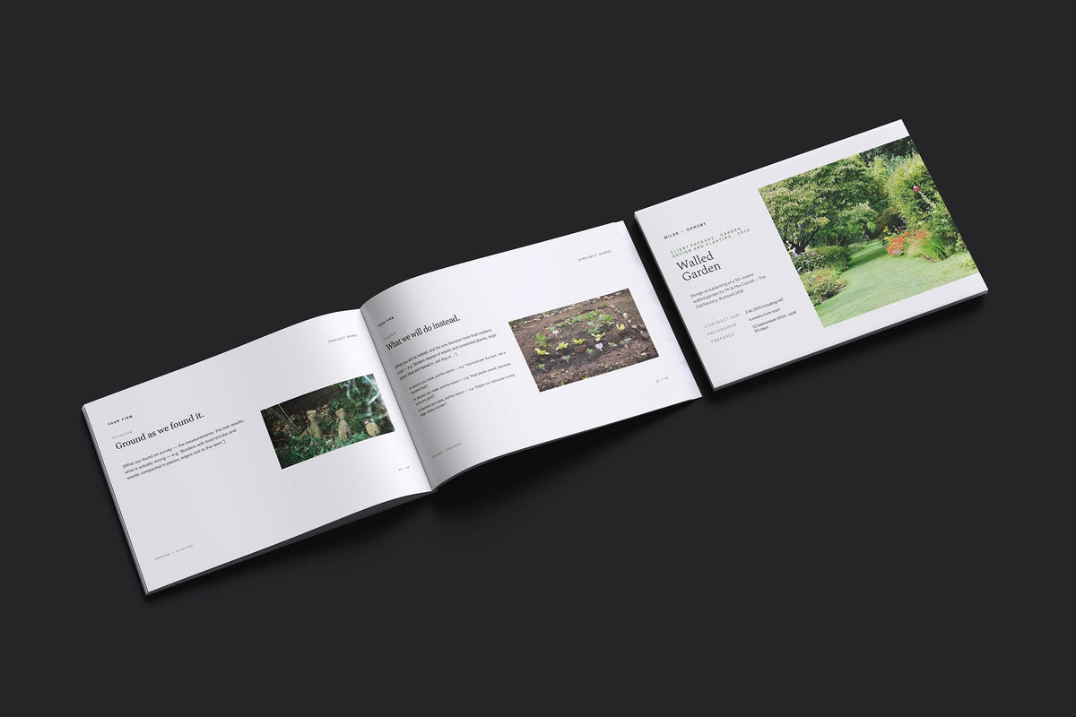 Garden Design and Planting Client Package, Standard colourway, cover and inside spread mockup