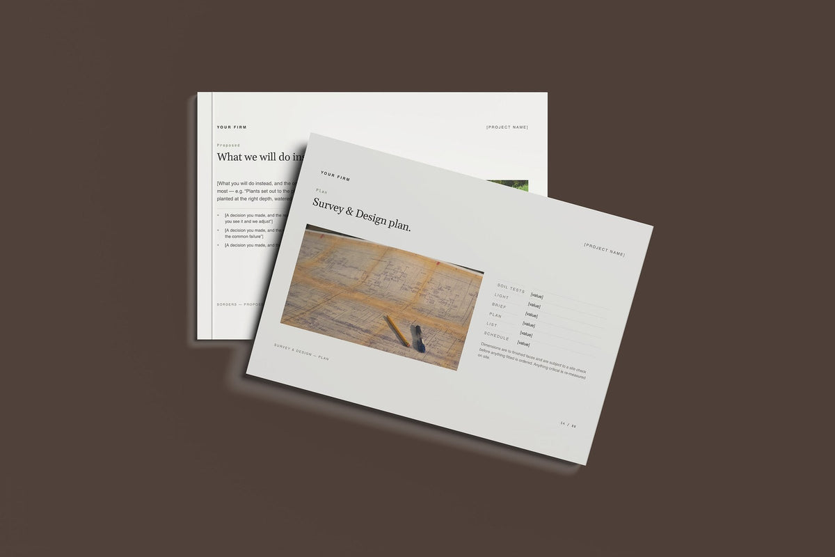 Garden Design and Planting Client Package, Standard colourway, front and back cover mockup