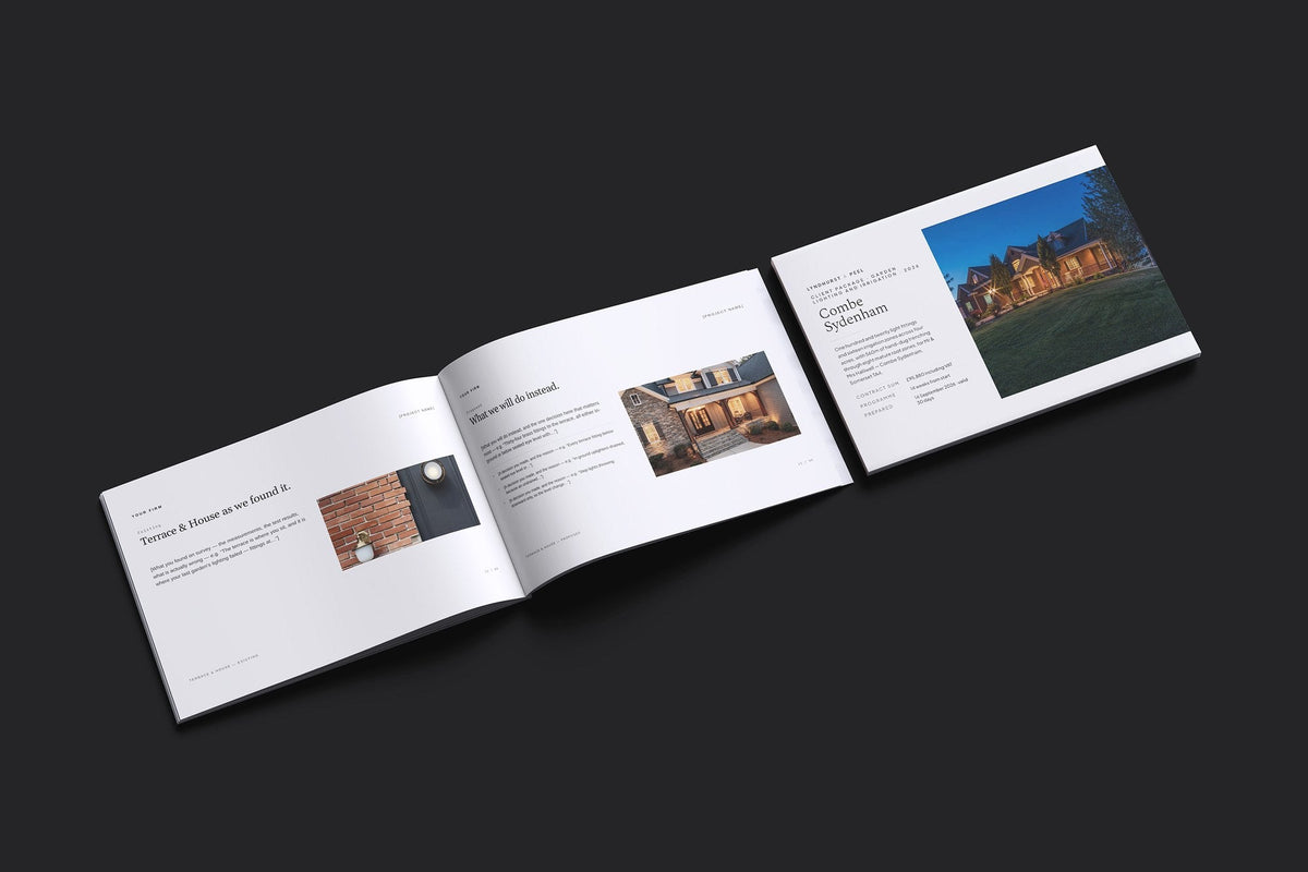 Garden Lighting Client Package, Ivory colourway, cover and inside spread mockup