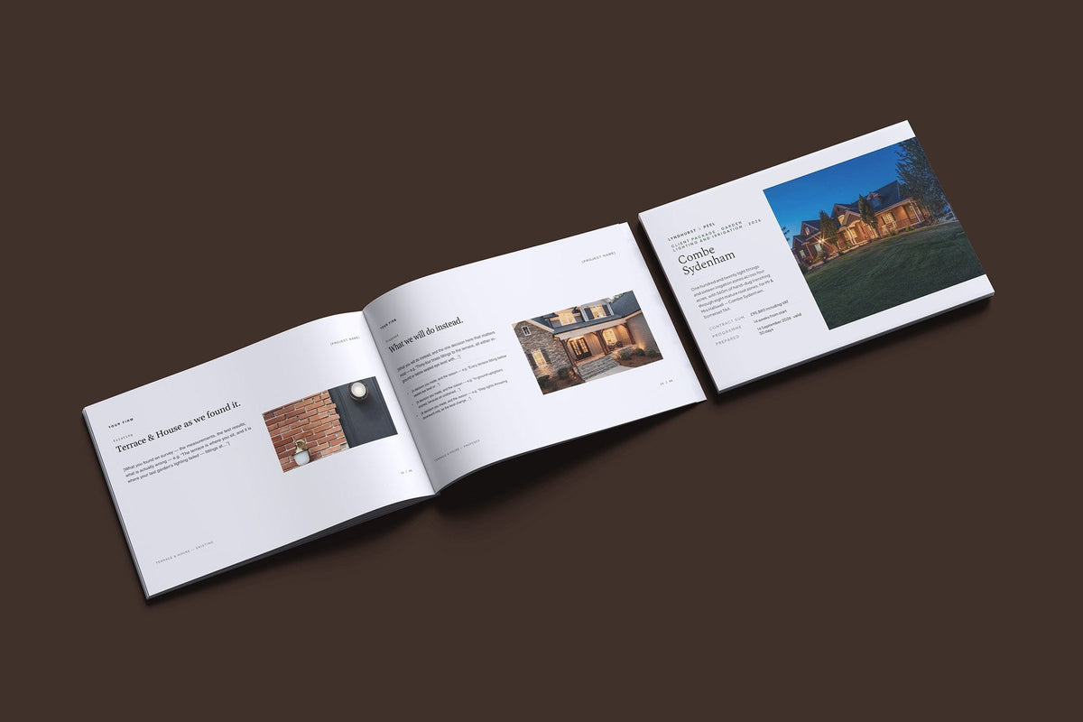 Garden Lighting Client Package, Slate colourway, cover and inside spread mockup