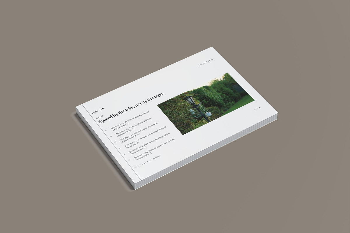 Garden Lighting Client Package, Slate colourway, closed magazine mockup