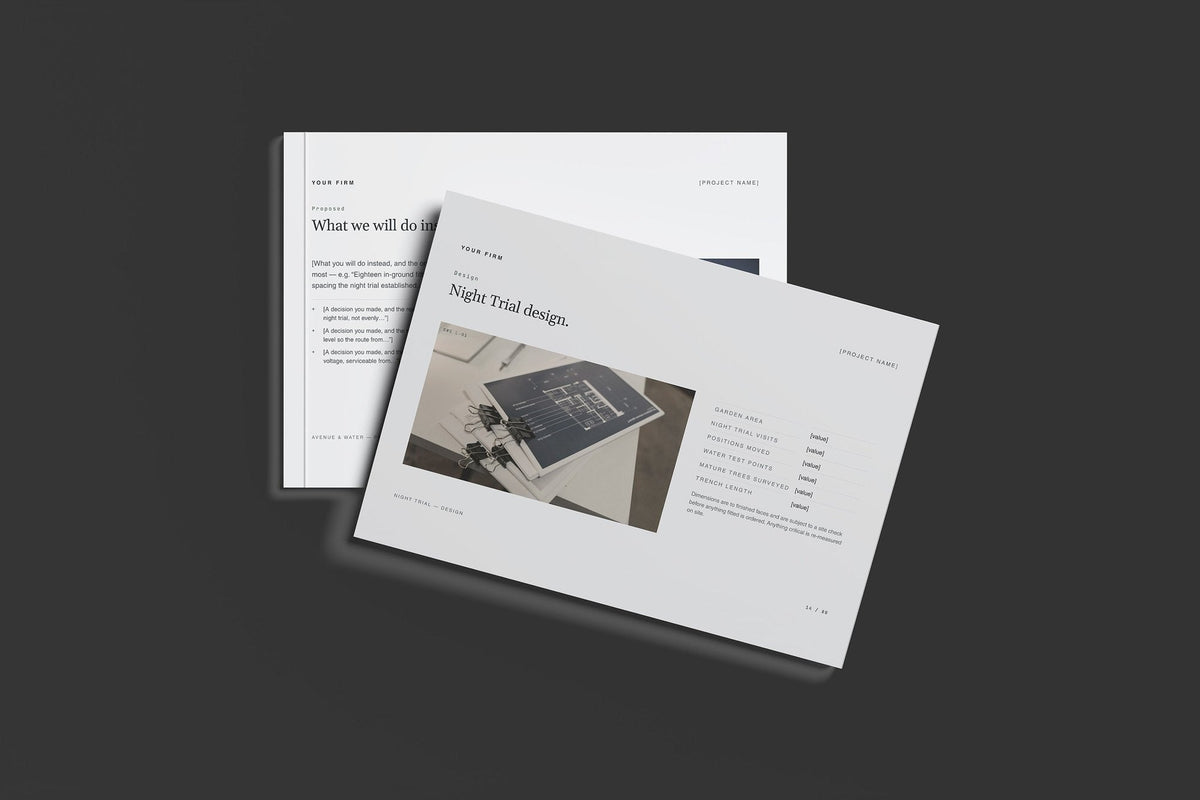 Garden Lighting Client Package, Slate colourway, front and back cover mockup