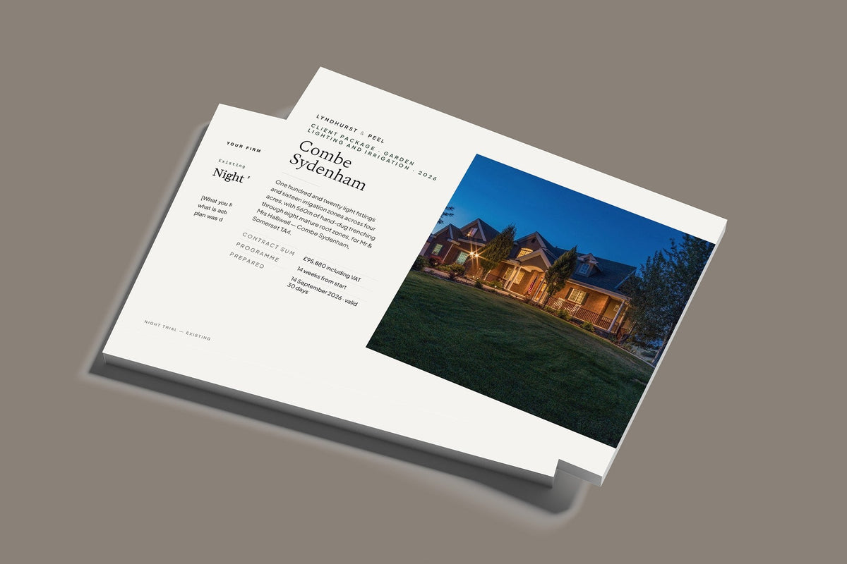 Garden Lighting Client Package, Standard colourway, stacked books mockup