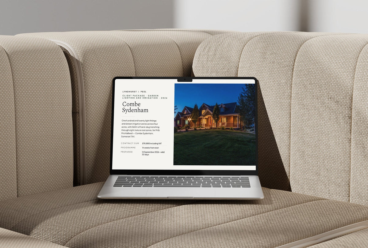 Garden Lighting Client Package, Standard colourway, laptop screen mockup