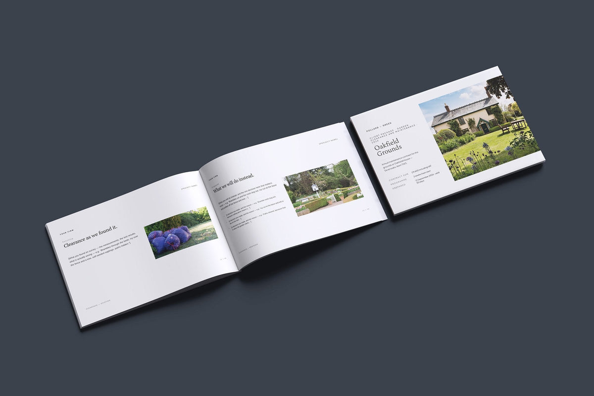 Garden Maintenance Client Package, Ivory colourway, cover and inside spread mockup