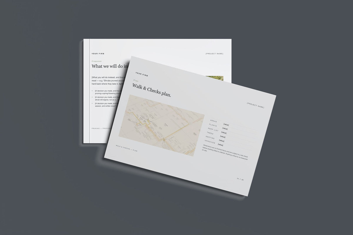 Garden Maintenance Client Package, Slate colourway, front and back cover mockup