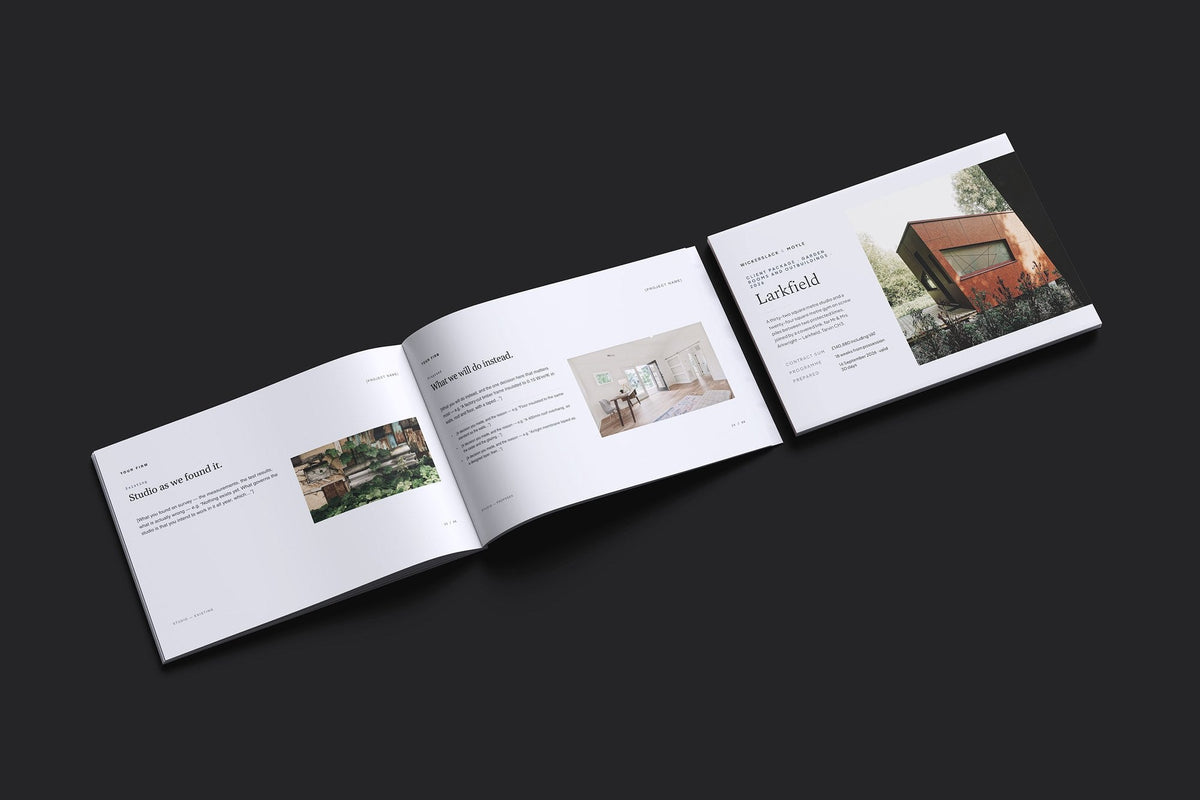 Garden Room Client Package, Slate colourway, cover and inside spread mockup