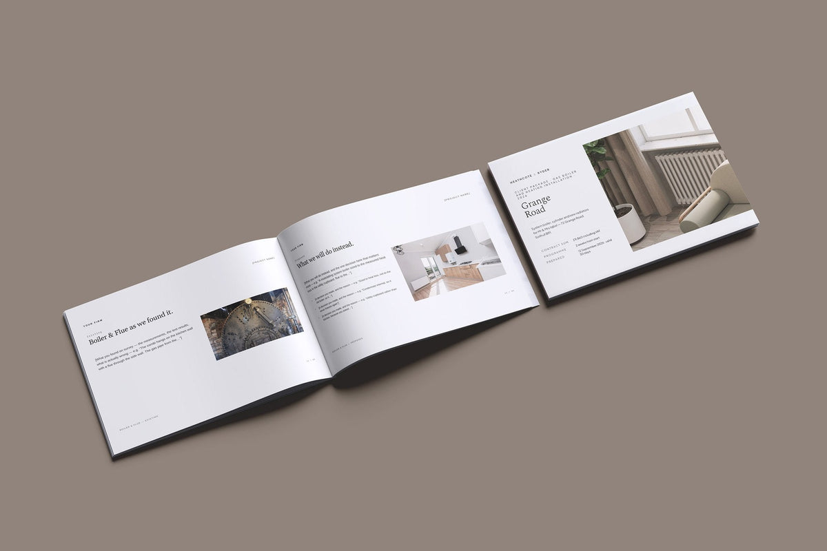 Gas Boiler and Heating Client Package, Ivory colourway, cover and inside spread mockup