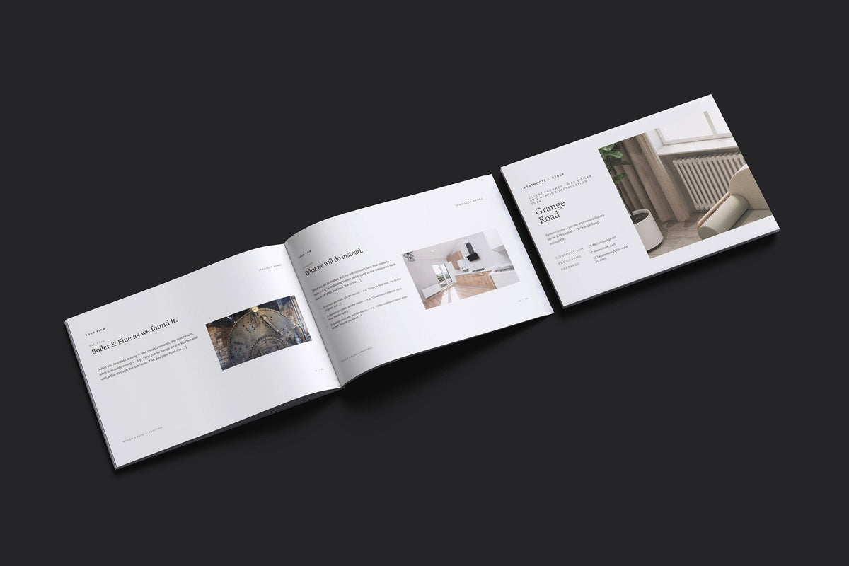 Gas Boiler and Heating Client Package, Oat colourway, cover and inside spread mockup