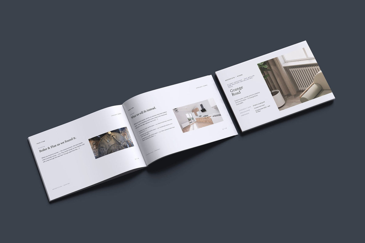 Gas Boiler and Heating Client Package, Slate colourway, cover and inside spread mockup