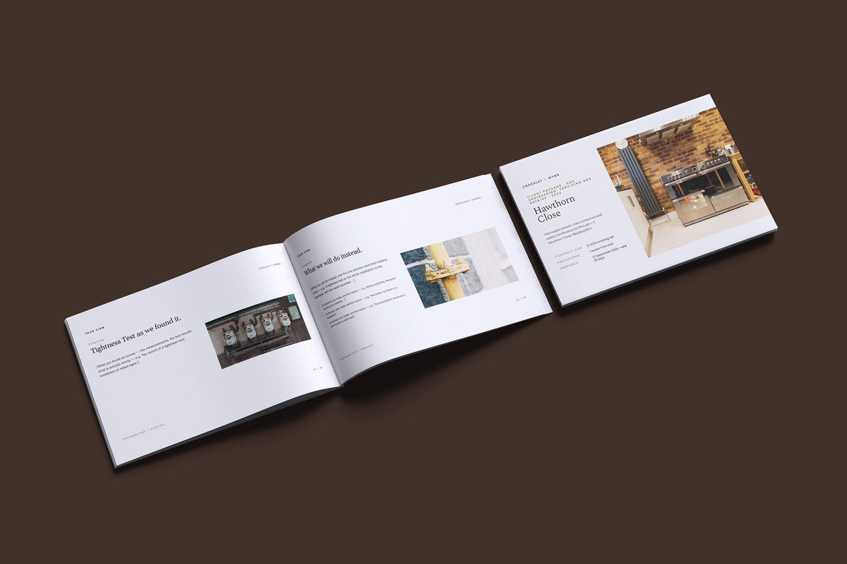Gas Engineer Client Package, Slate colourway, cover and inside spread mockup