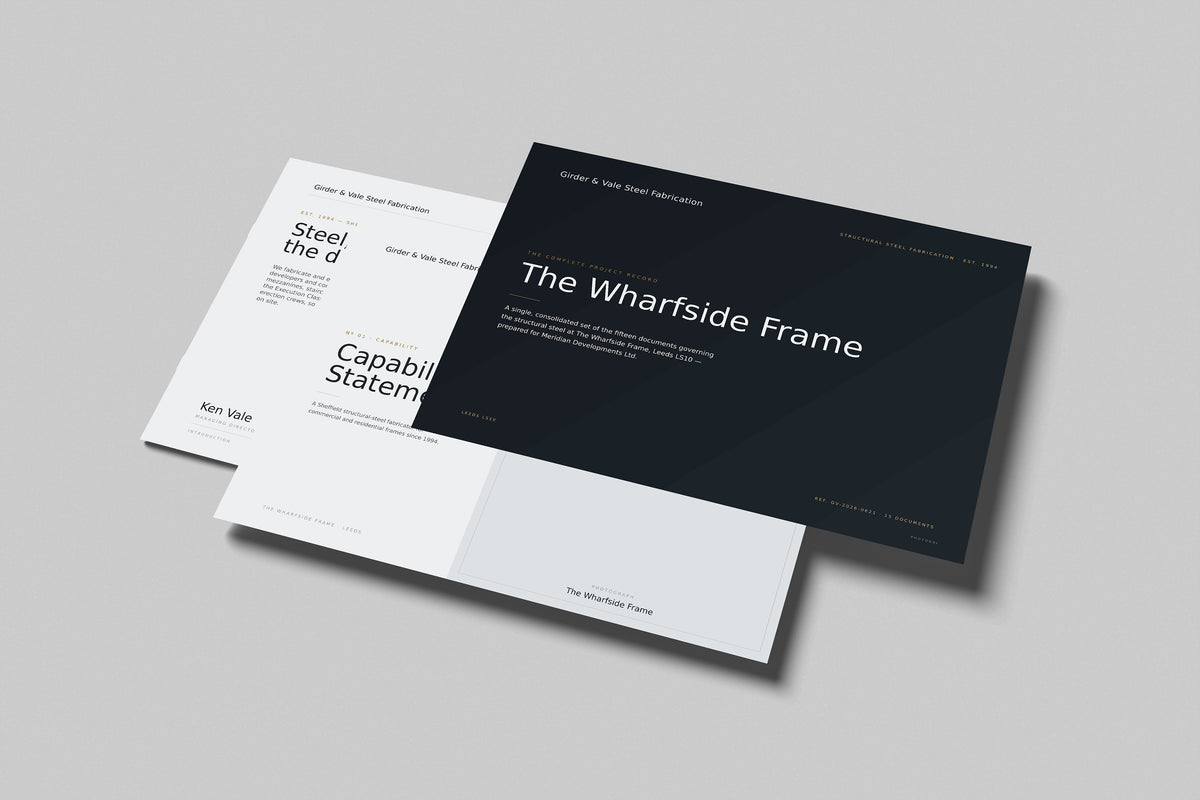 Steel Fabricator Project Pack in PowerPoint, printed pages floating