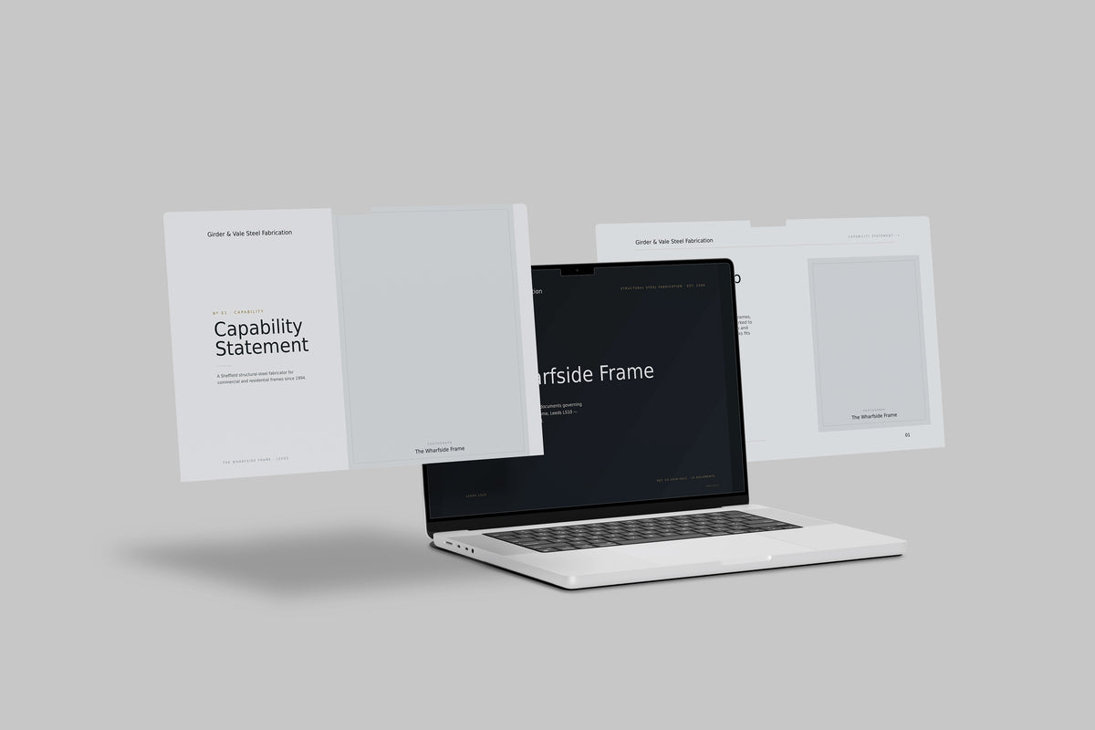 Steel Fabricator Project Pack in PowerPoint, shown on laptop screens