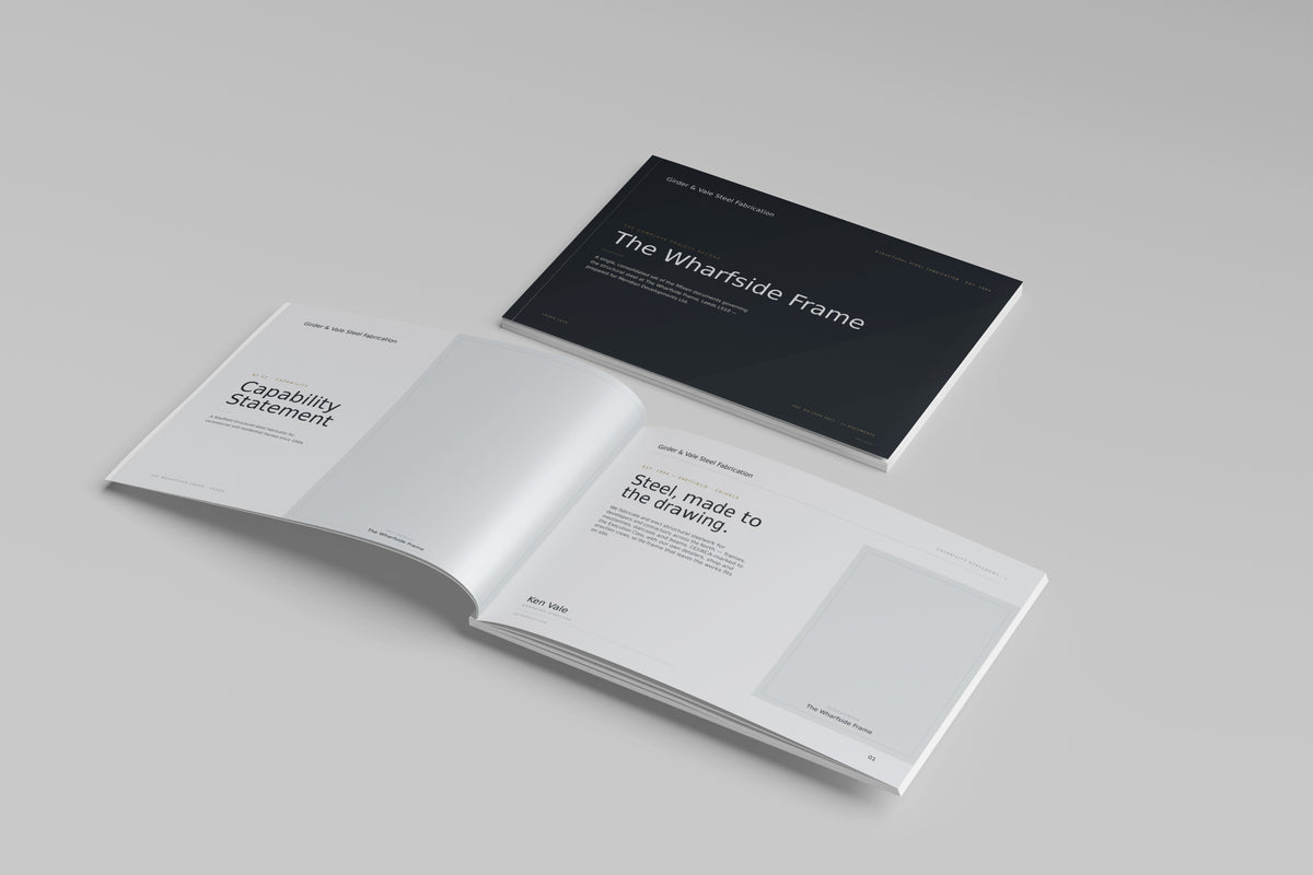 Steel Fabricator Project Pack in PowerPoint, printed cover shown at an angle