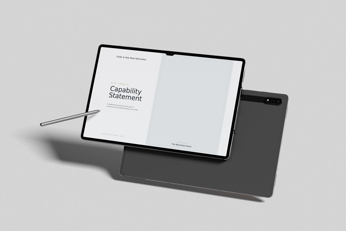 Steel Fabricator Project Pack in PowerPoint, inside pages shown on a tablet