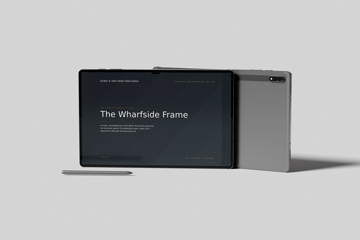 Steel Fabricator Project Pack in PowerPoint, shown on a tablet