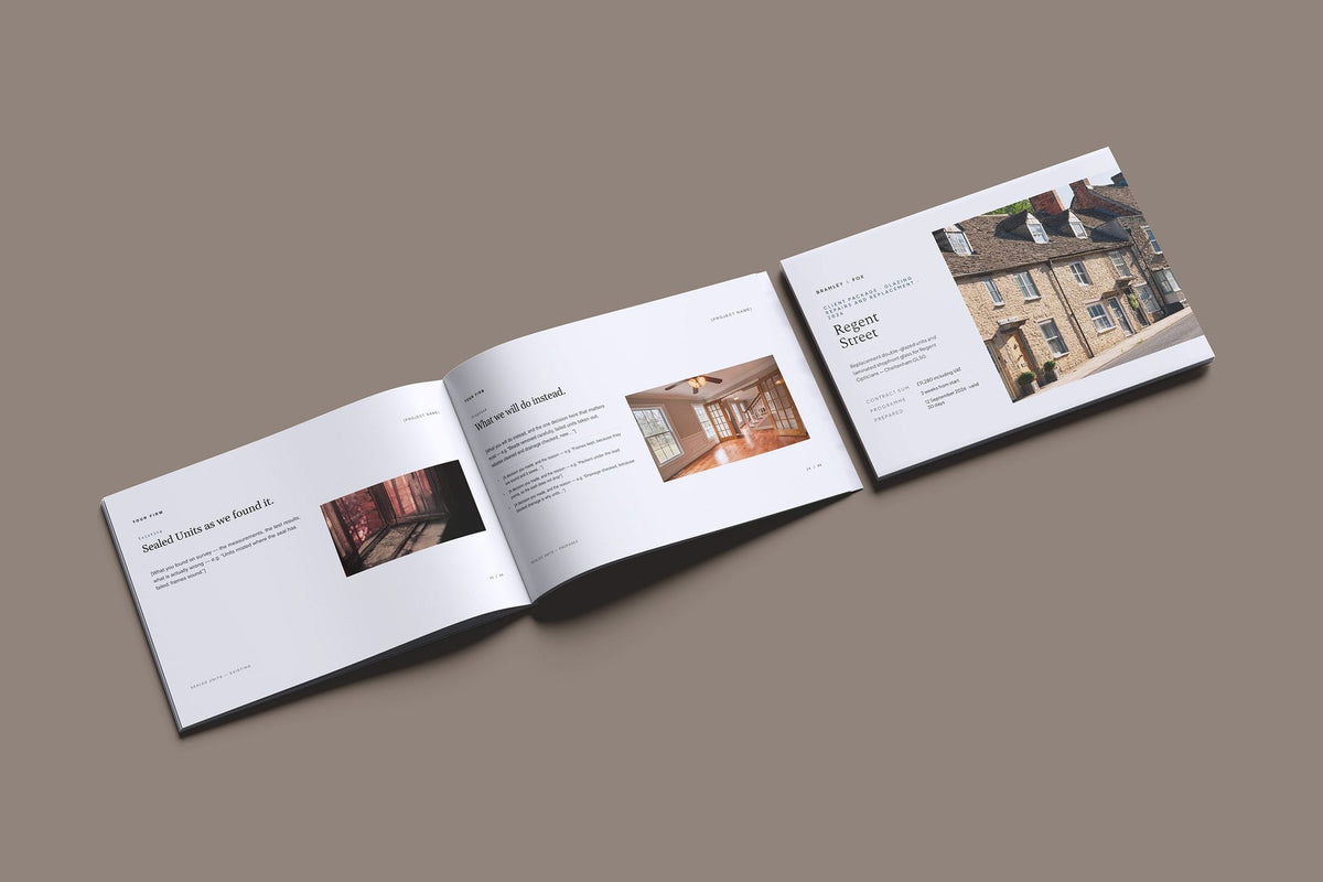 Glazier Client Package, Slate colourway, cover and inside spread mockup