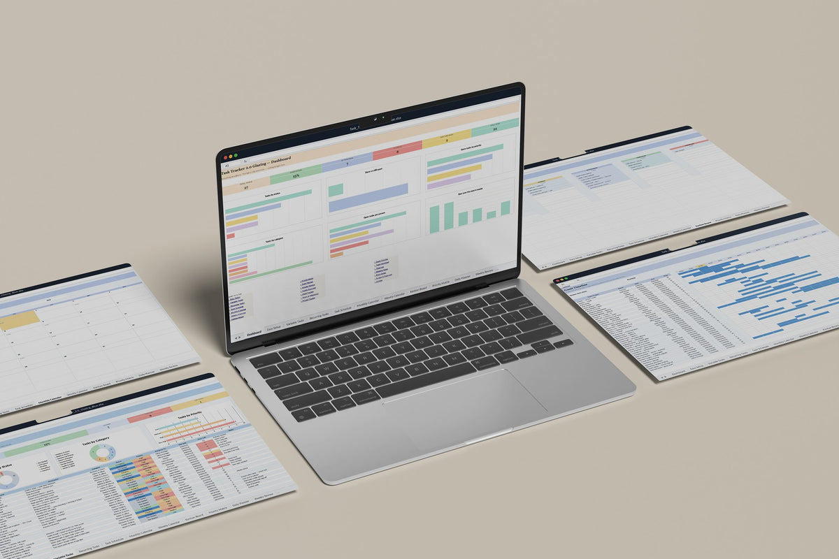 Glazing Task Tracker 2.0 Excel template, Dashboard tab on a laptop screen