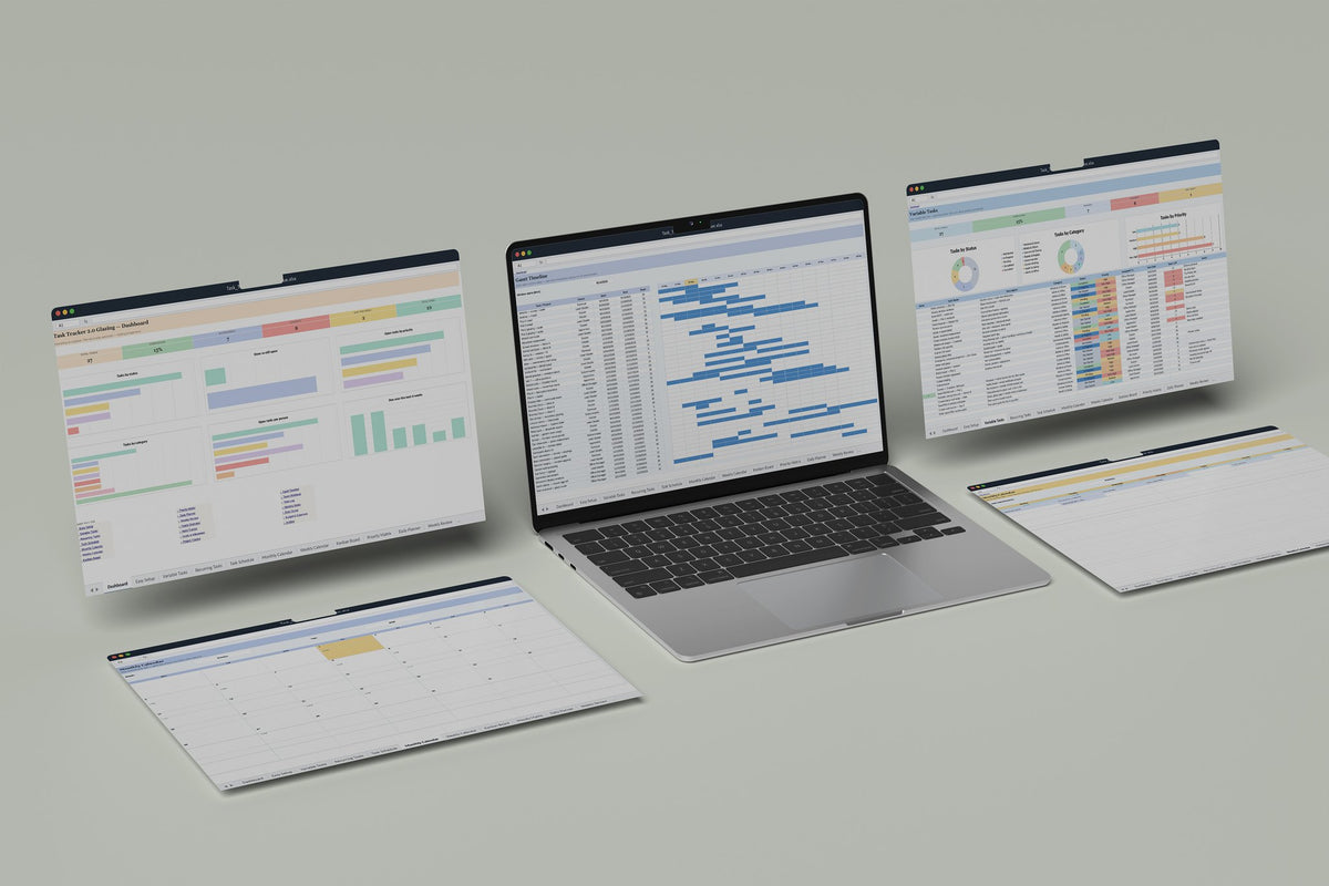 Glazing Task Tracker 2.0 Excel template, Gantt Timeline tab on a laptop screen