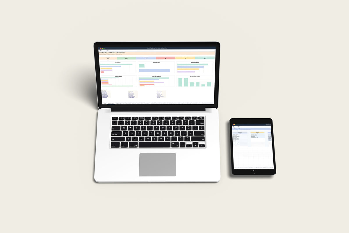 Task Tracker Glazing Excel template on a MacBook and iPad