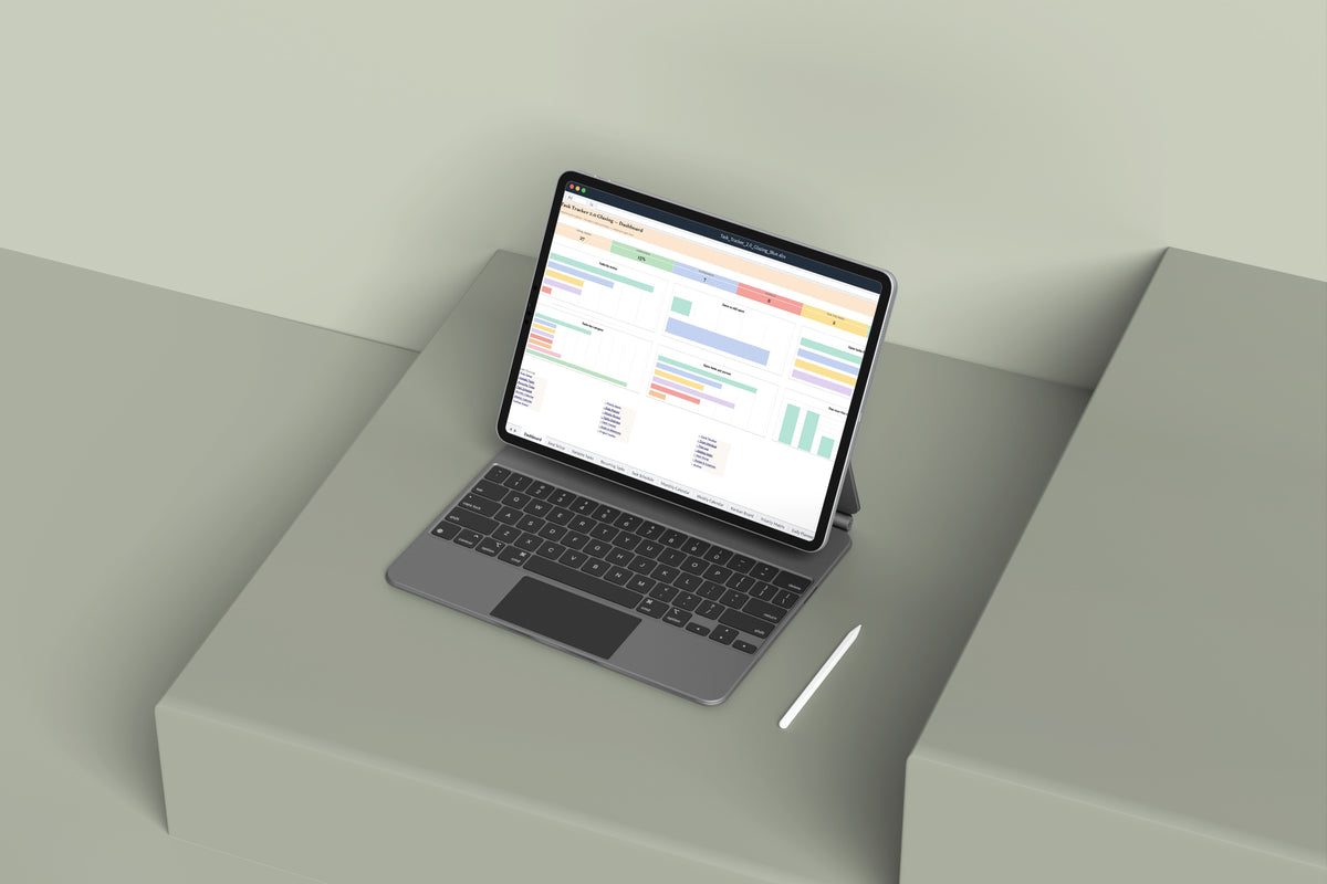 Task Tracker Glazing Excel template on an iPad with keyboard