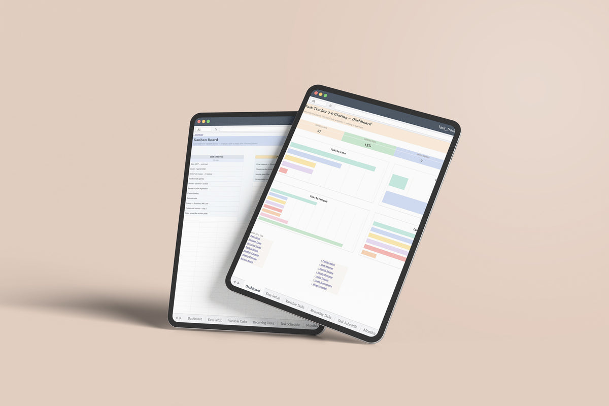Task Tracker Glazing Excel template on an iPad Pro
