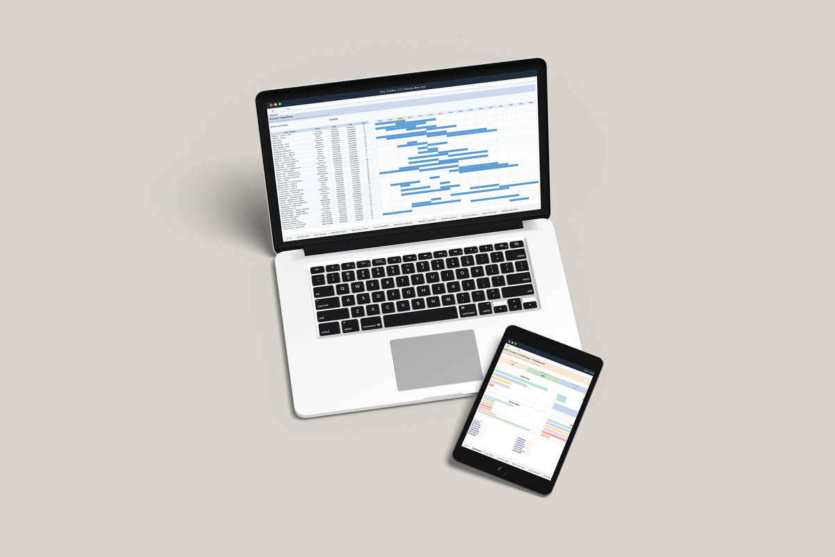 Task Tracker Glazing Excel template on a MacBook and iPad, second view