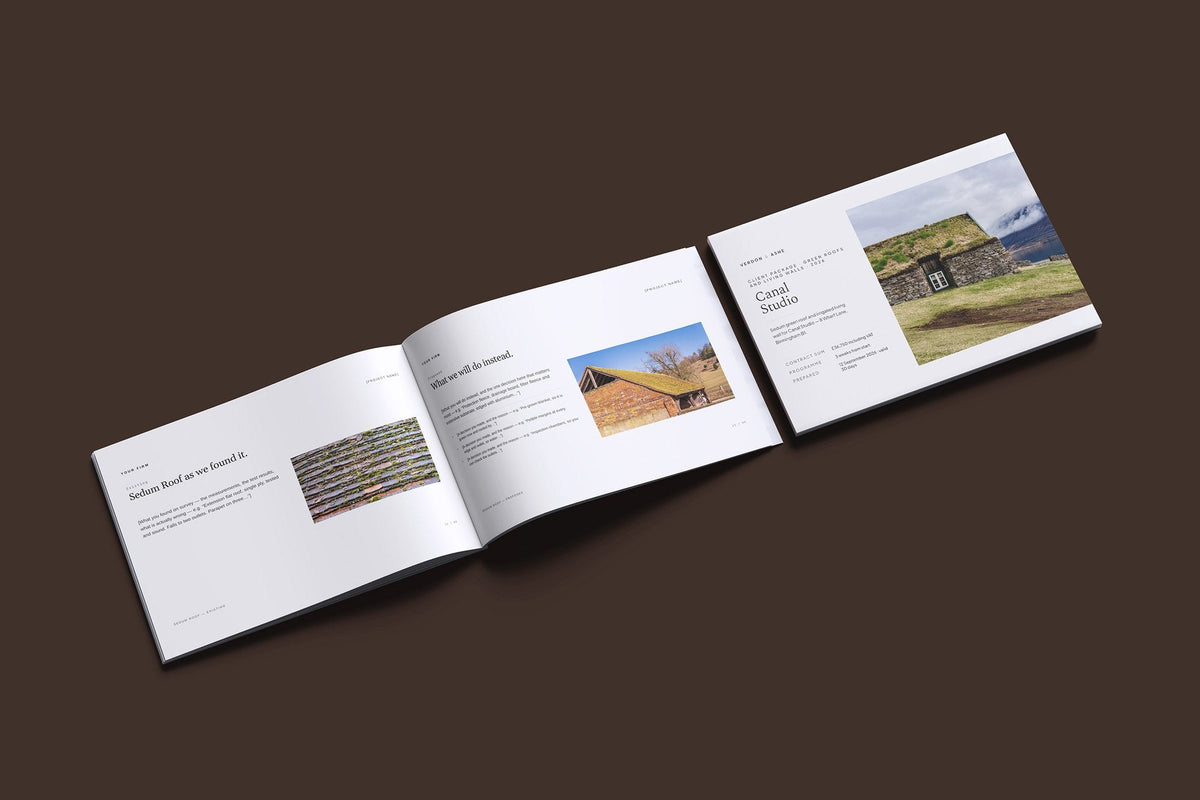 Green Roof and Living Wall Client Package, Ivory colourway, cover and inside spread mockup