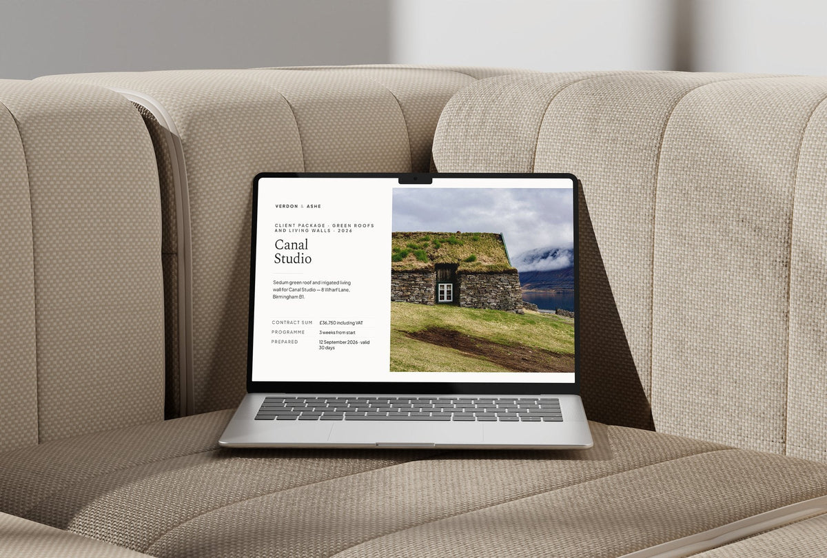 Green Roof and Living Wall Client Package, Ivory colourway, laptop screen mockup