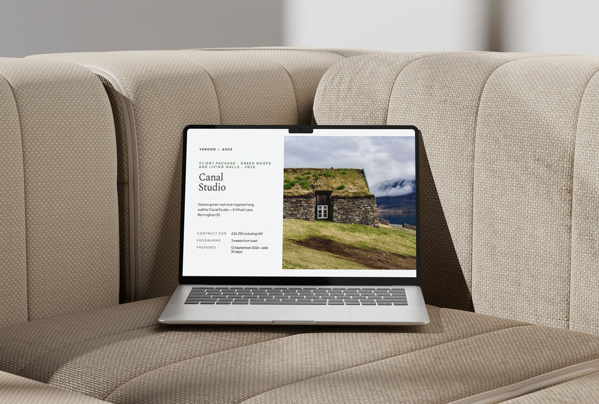 Green Roof and Living Wall Client Package, Slate colourway, laptop screen mockup