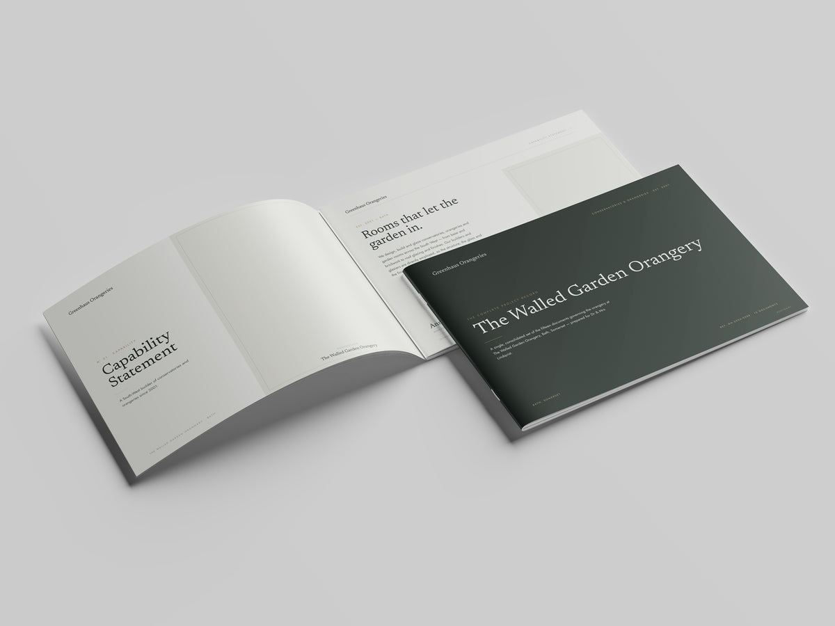 Orangery & Conservatory Builder Project Pack in PowerPoint, printed and open at the first pages