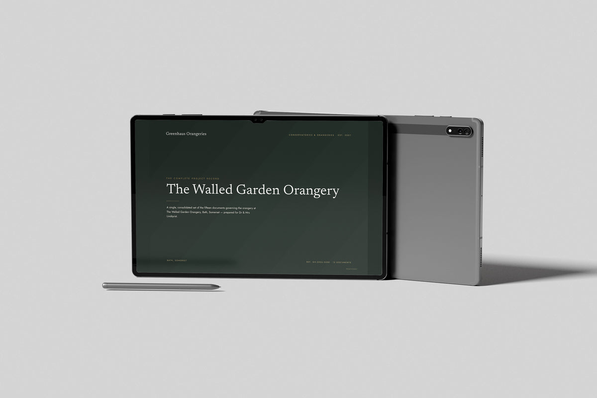 Orangery & Conservatory Builder Project Pack in PowerPoint, shown on a tablet