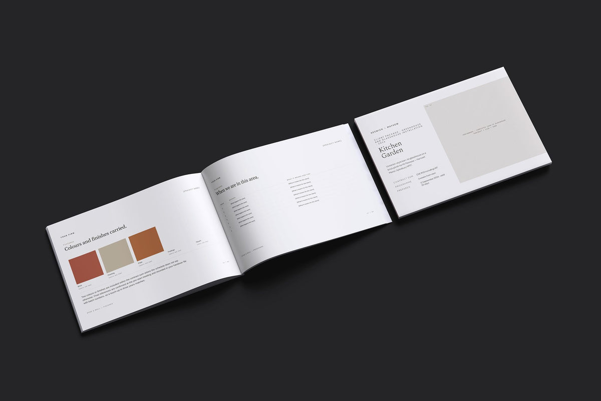 Greenhouse and Glasshouse Client Package, Oat colourway, cover and inside spread mockup