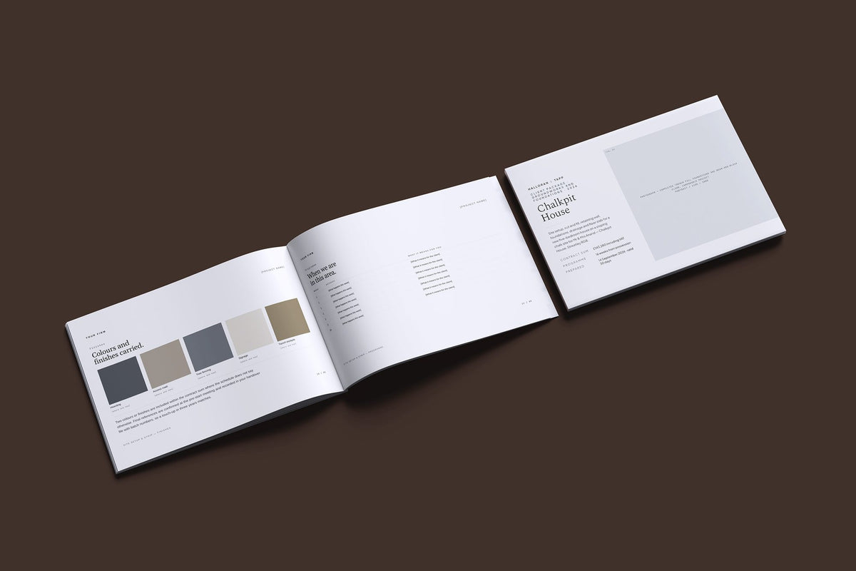 Groundworks Client Package, Slate colourway, cover and inside spread mockup