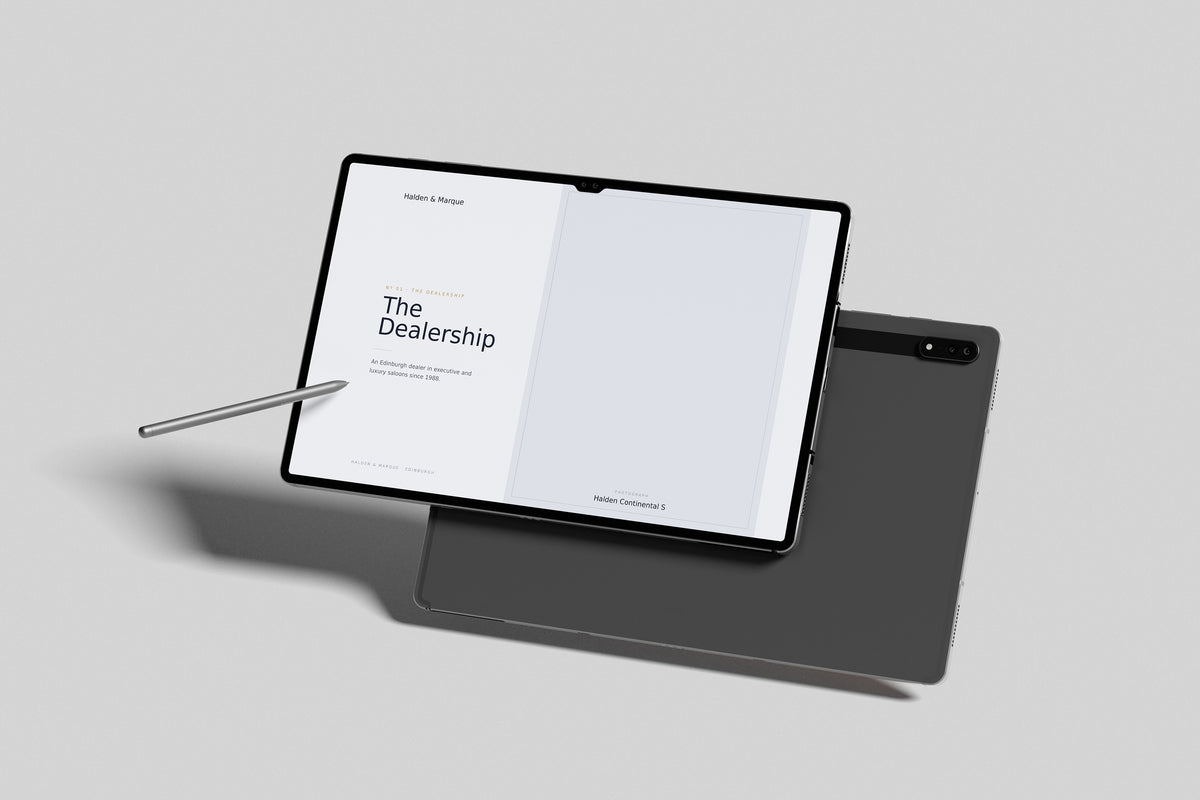 Executive Car Dealer Customer Pack in PowerPoint, inside pages shown on a tablet
