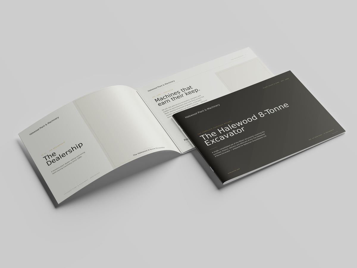 Plant & Machinery Dealer Customer Pack in PowerPoint, printed and open at the first pages