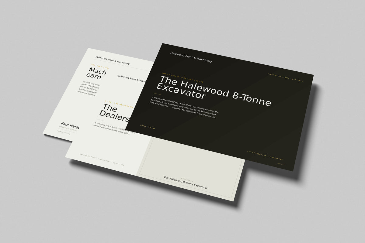 Plant & Machinery Dealer Customer Pack in PowerPoint, printed pages floating