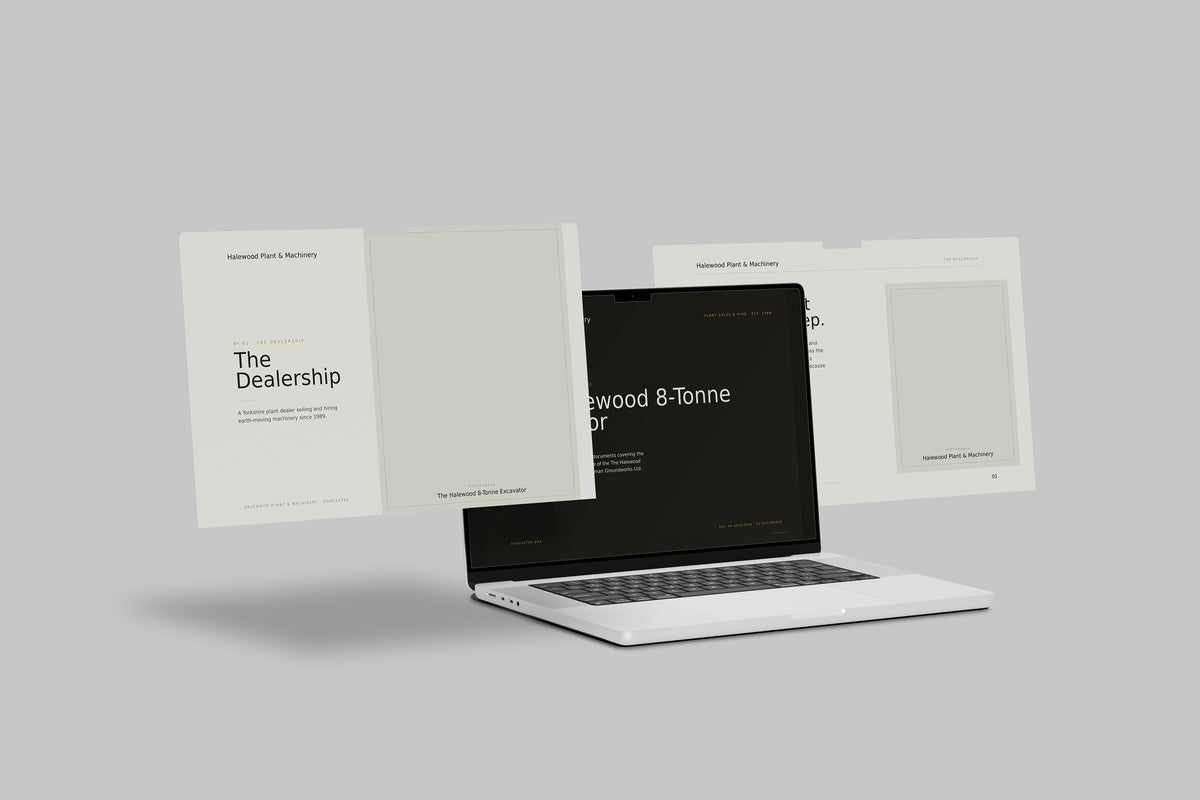 Plant & Machinery Dealer Customer Pack in PowerPoint, shown on laptop screens