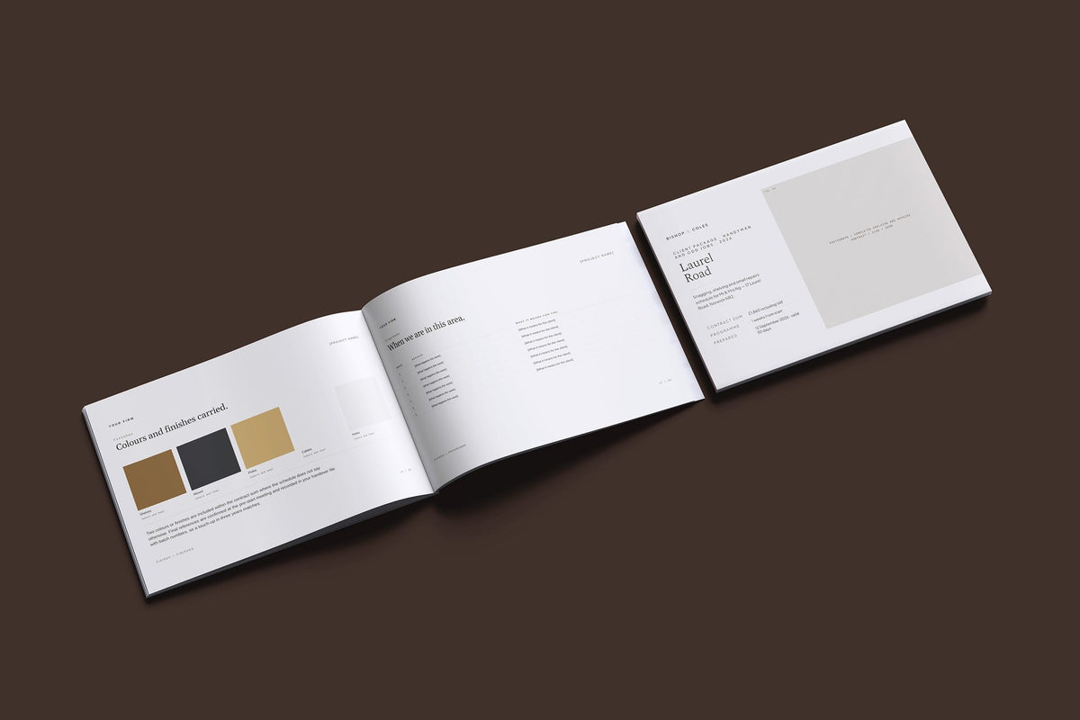 Handyman Client Package, Oat colourway, cover and inside spread mockup