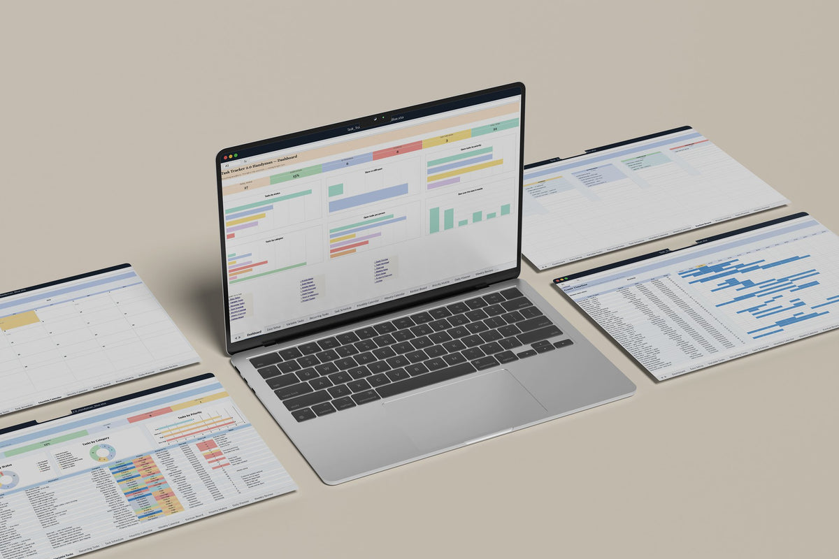 Handyman Task Tracker 2.0 Excel template, Dashboard tab on a laptop screen