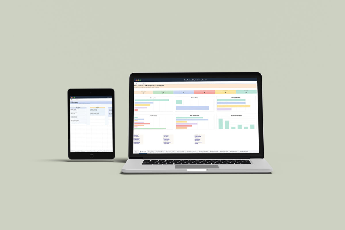 Task Tracker Handyman Excel template on a MacBook and iPad