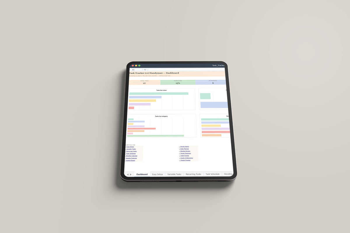 Task Tracker Handyman Excel template on an iPad Pro