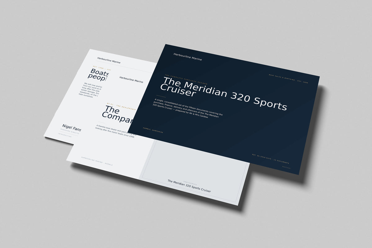Boat Dealer Customer Pack in PowerPoint, printed pages floating