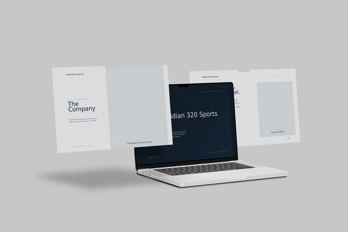 Boat Dealer Customer Pack in PowerPoint, shown on laptop screens