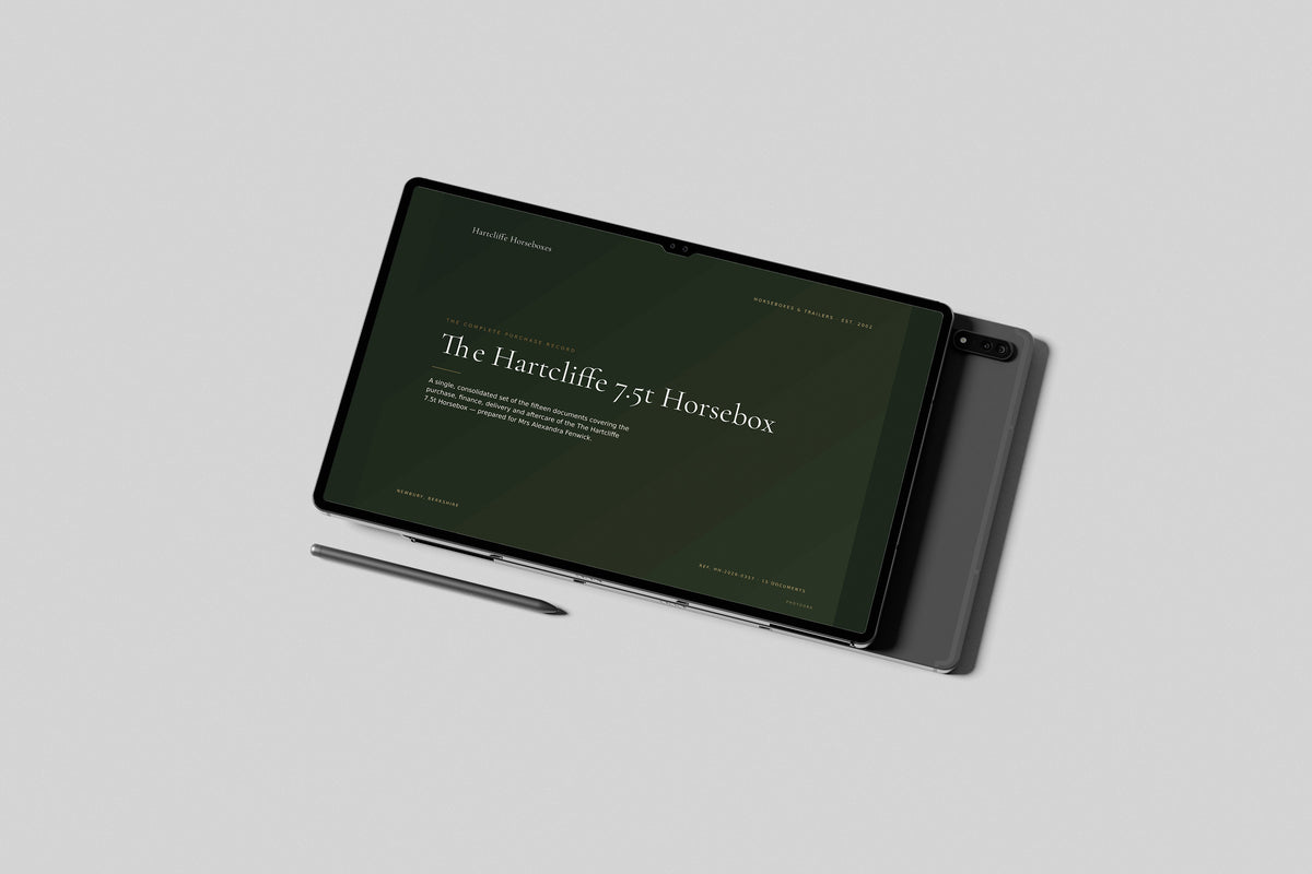 Horsebox Dealer Customer Pack in PowerPoint, shown on a tablet