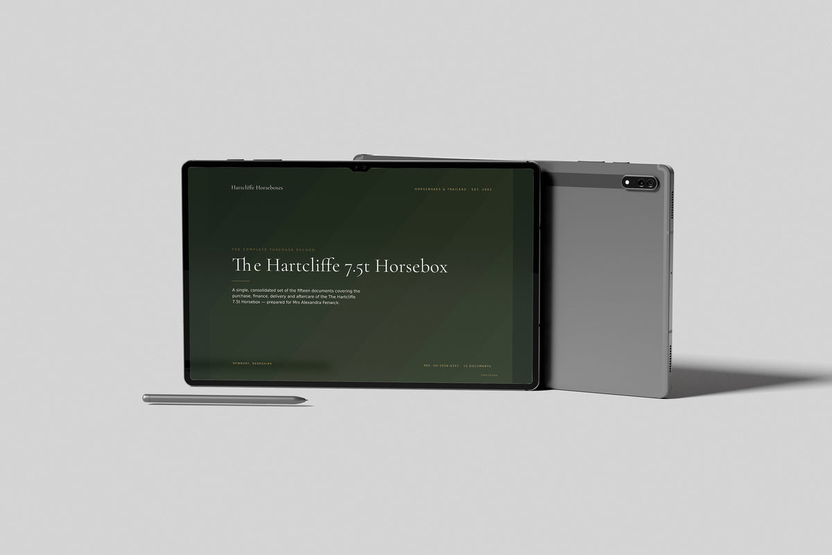 Horsebox Dealer Customer Pack in PowerPoint, shown on a tablet