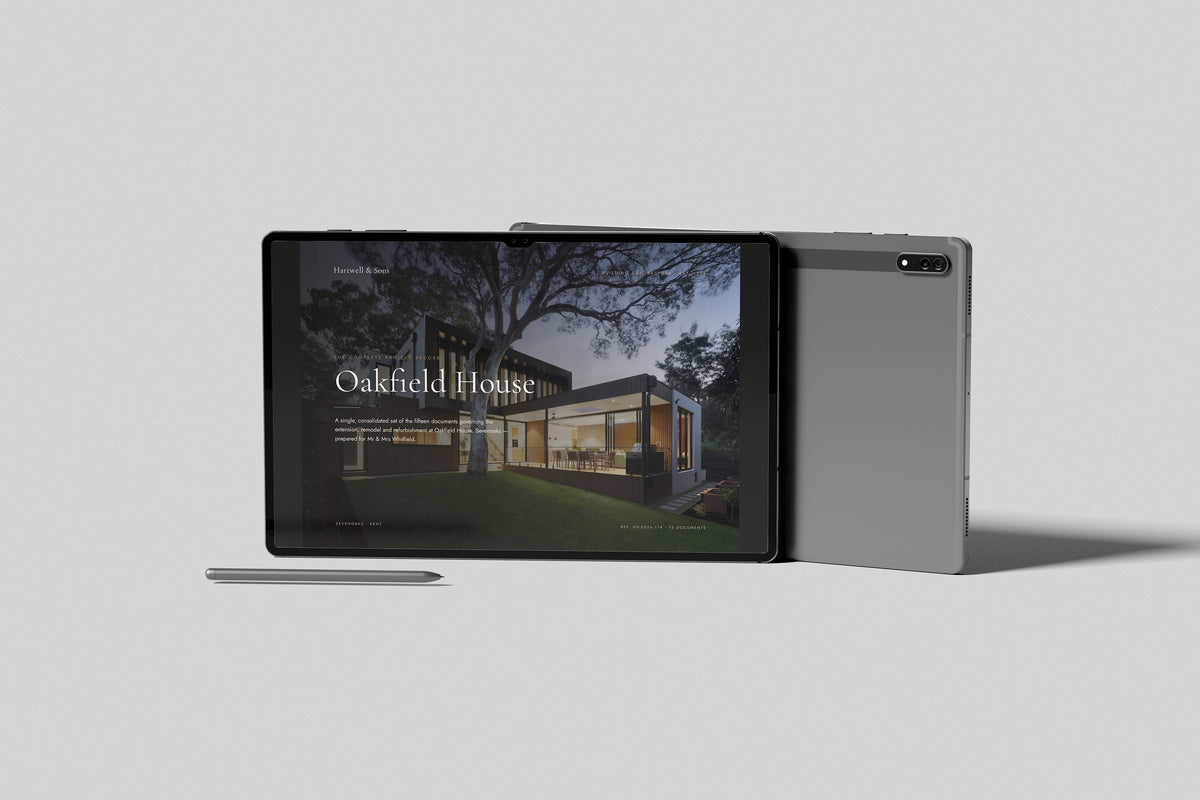 Building Contractor Project Pack in PowerPoint, shown on a tablet