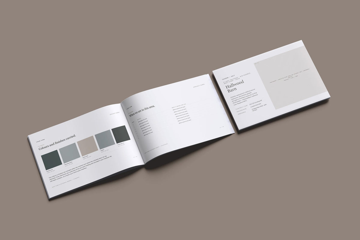 Heat Pump Client Package, Oat colourway, cover and inside spread mockup