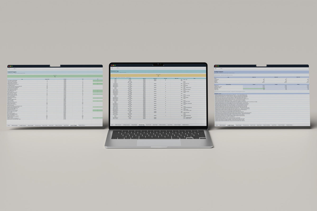 HMO Analyser Excel template, Turnover Log tab on a laptop screen