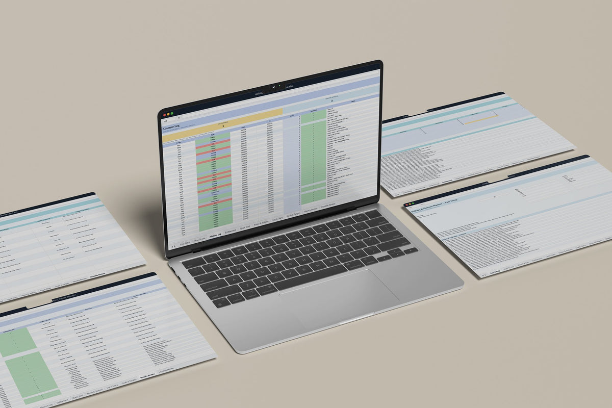 Holiday and Absence Planner Excel template, Absence Log tab on a laptop screen
